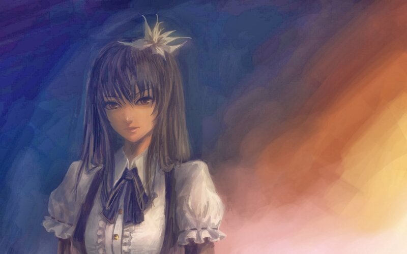 Anime Girl with Flower — Blue, Dramatic, Digital Art, School Uniform