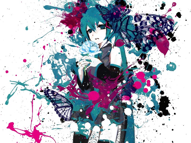 Anime Girl with Flower — Blue, Dramatic, Digital Art