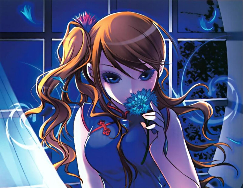 Anime Girl with Flower — Blue, Dramatic, Night