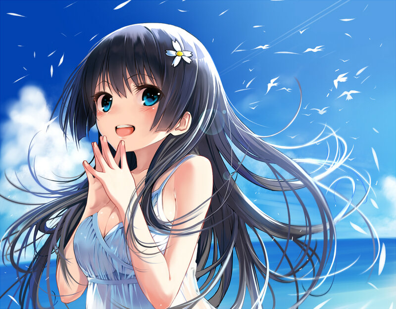 Anime Girl with Flower — Blue, Serene, Afternoon, Birds
