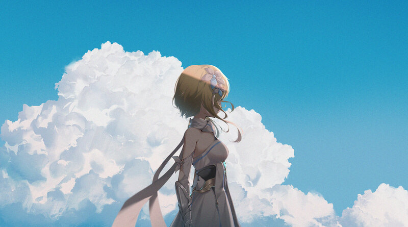Anime Girl with Flower — Blue, Serene, Afternoon, Digital Art