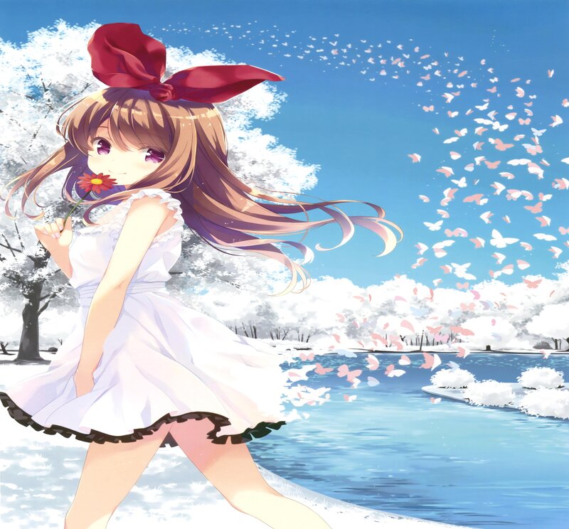 Anime Girl with Flower — Blue, Serene, Spring