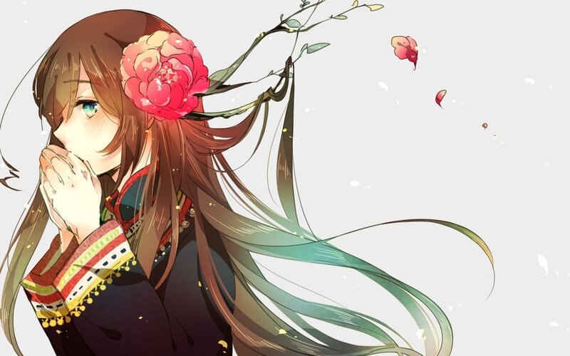 Anime Girl with Flower — Brown, Serene, Hair