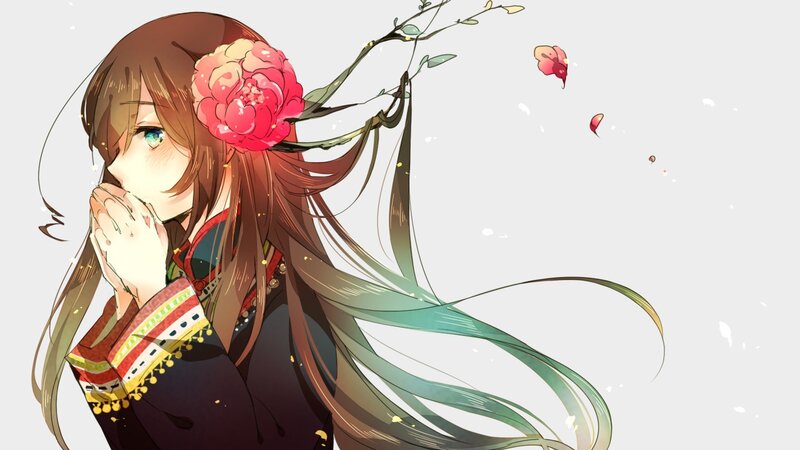 Anime Girl with Flower — Brown, Serene, Spring