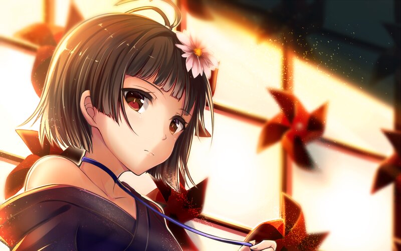 Anime Girl with Flower — Brown, Serene, Sunset