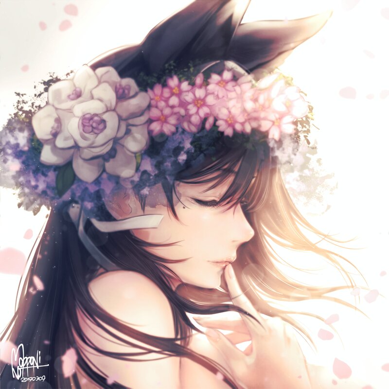 Anime Girl with Flower Crown — Pink, Serene, Spring, Digital Art