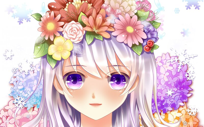 Anime Girl with Flower Crown — White, Serene