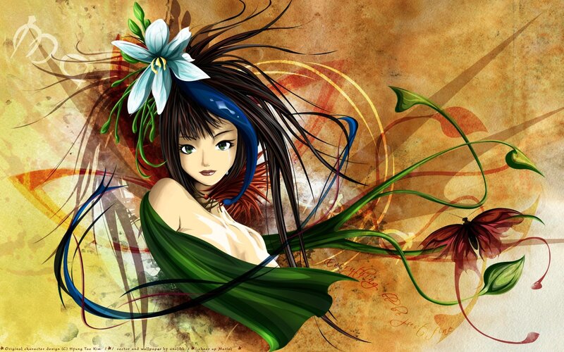 Anime Girl with Flower — Green, Dramatic