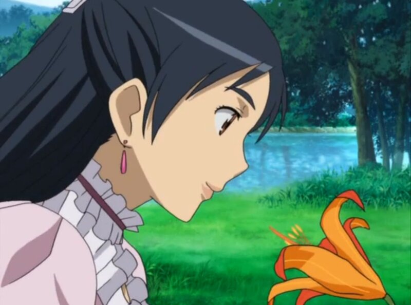 Anime Girl with Flower — Green, Serene, Afternoon