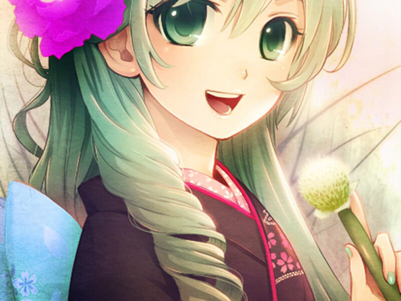 Anime Girl with Flower — Green