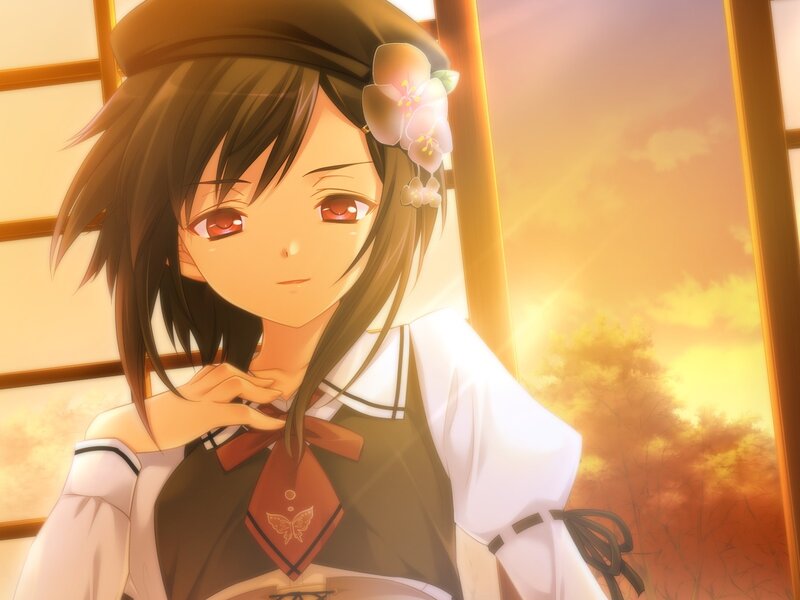 Anime Girl with Flower — Orange, Serene, Sunset, School Uniform