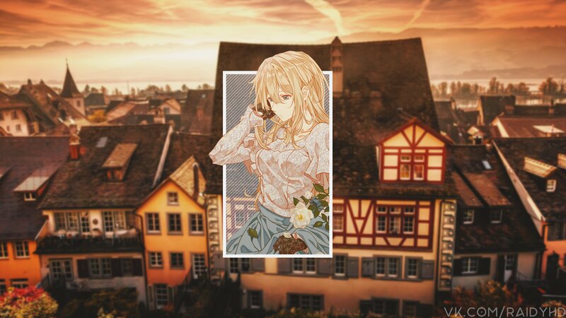 Anime Girl with Flower — Orange, Serene, Sunset, Town
