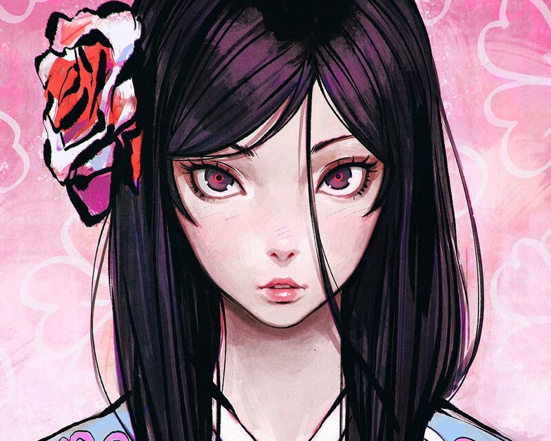 Anime Girl with Flower — Pink, Calm, Digital Art, Long Hair