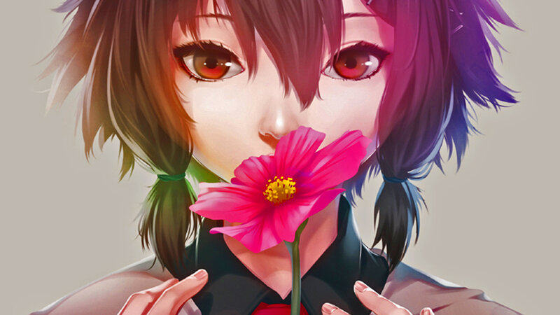 Anime Girl with Flower — Pink, Calm, Digital Art, Pigtails