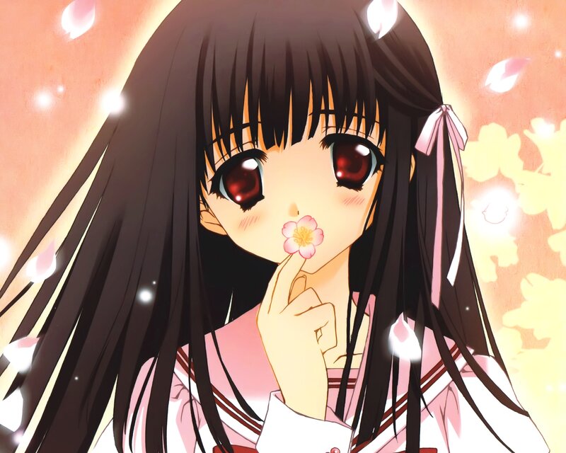 Anime Girl with Flower — Pink, Serene, Spring
