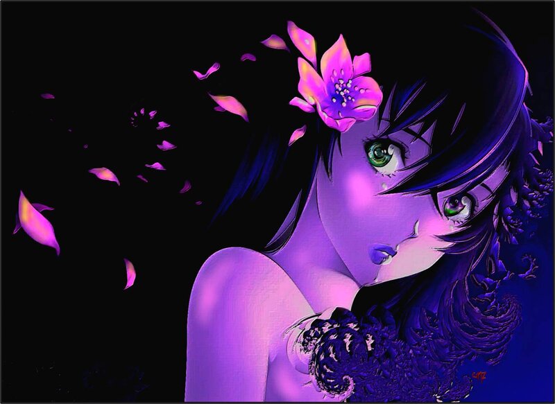 Anime Girl with Flower — Purple, Dramatic, Night