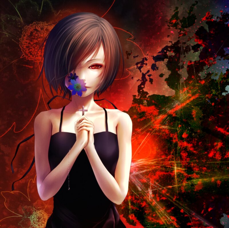 Anime Girl with Flower — Red, Dramatic, Digital Art