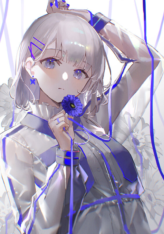 Anime Girl with Flower — White, Calm, Digital Art, Ribbon