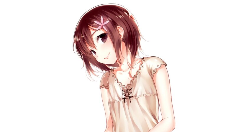 Anime Girl with Flower — White, Calm, Dress, Brown