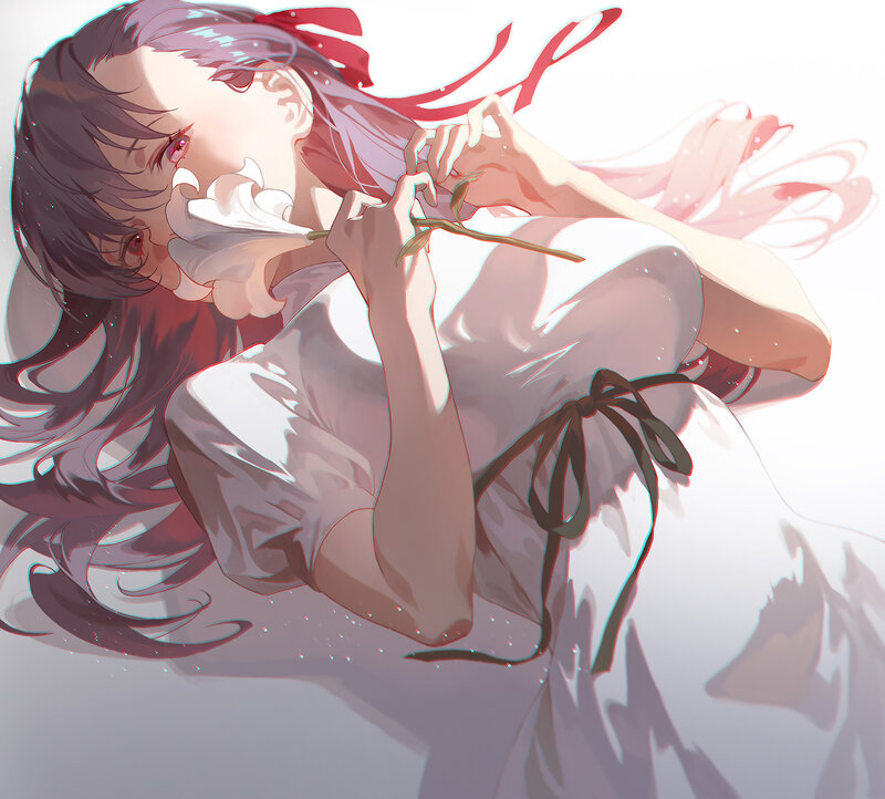 Anime Girl with Flower — White, Serene, Digital Art, Ribbon