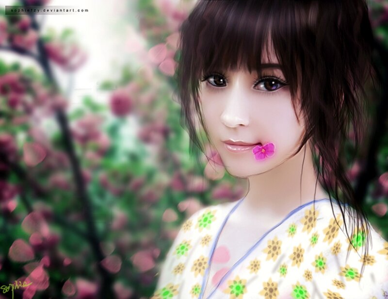 Anime Girl with Flower — White, Serene