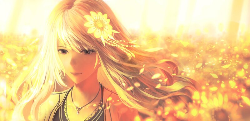 Anime Girl with Flower — Yellow, Serene, Sunset, Digital Art
