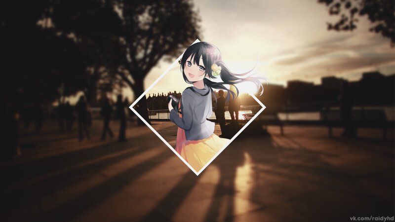 Anime Girl with Flower — Yellow, Serene, Sunset, Silhouette