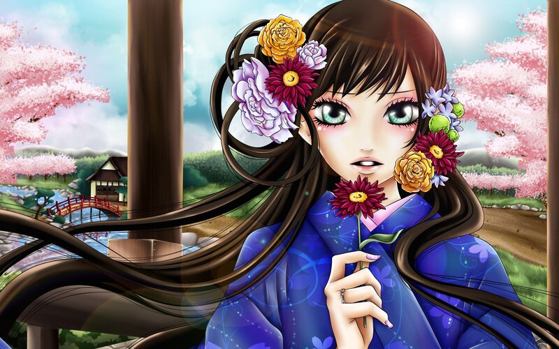 anime girl with flowers