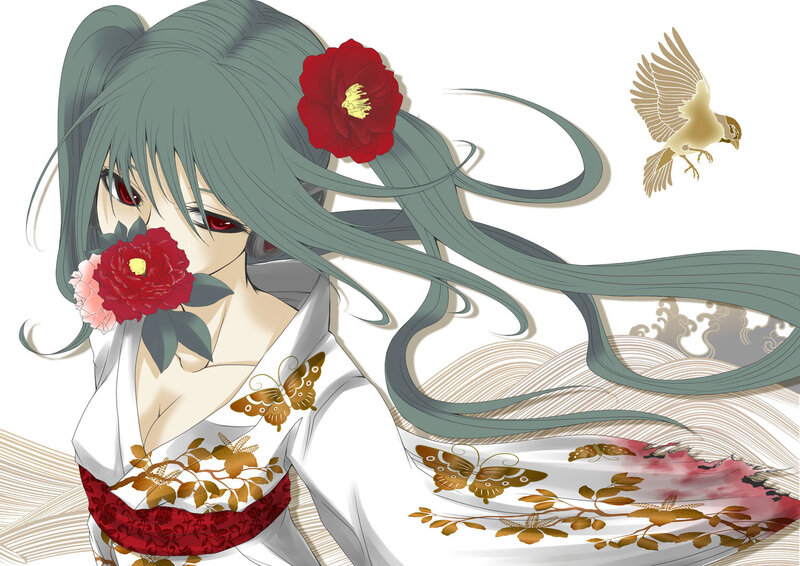 anime girl with flowers and bird