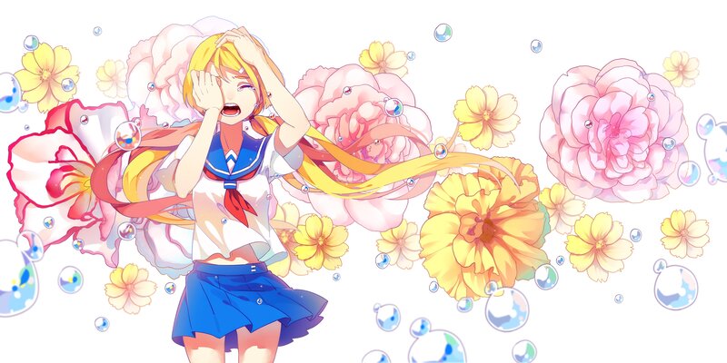 Anime girl with flowers and bubbles