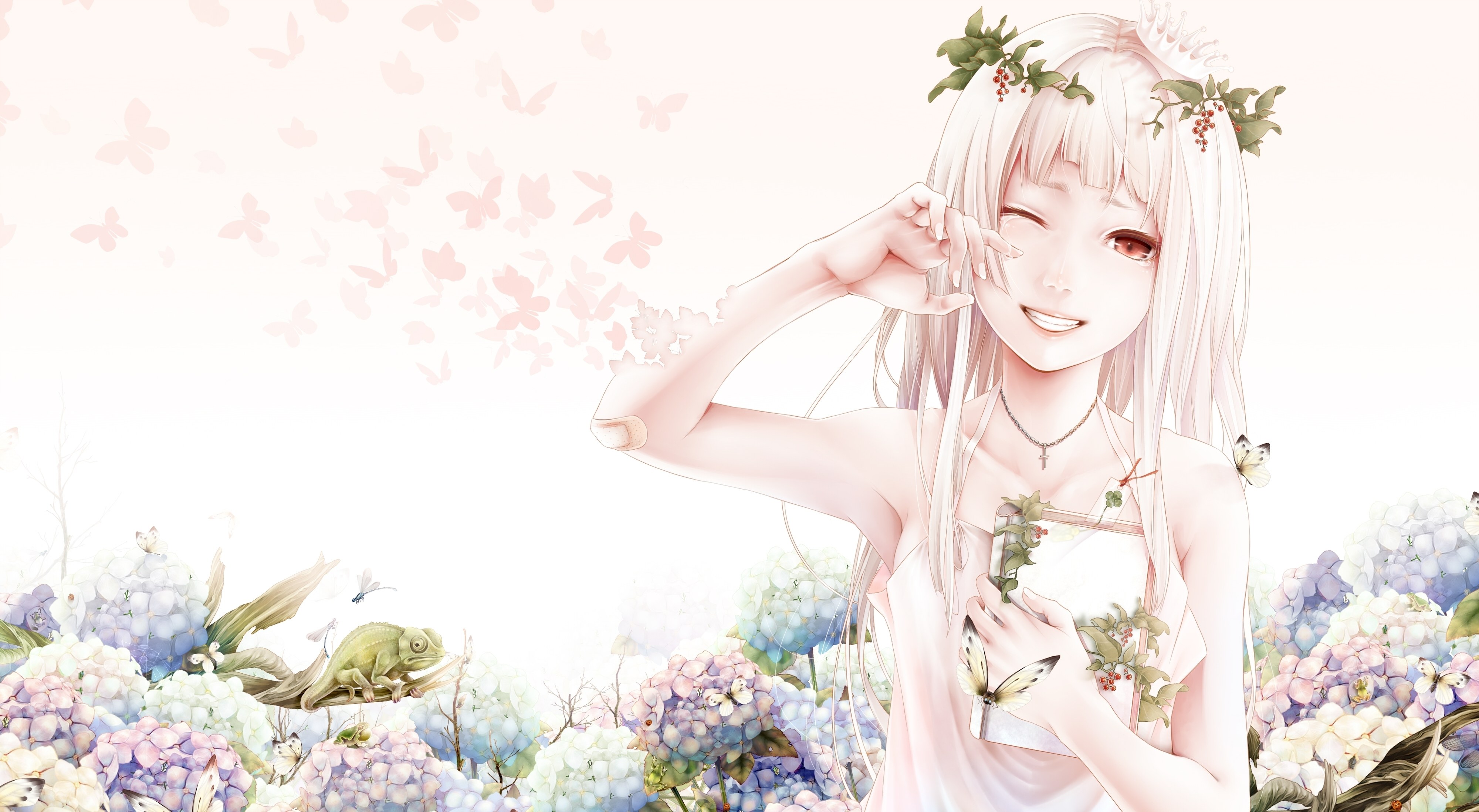 Anime girl with flowers and butterflies
