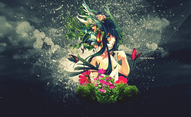 anime girl with flowers and butterflies