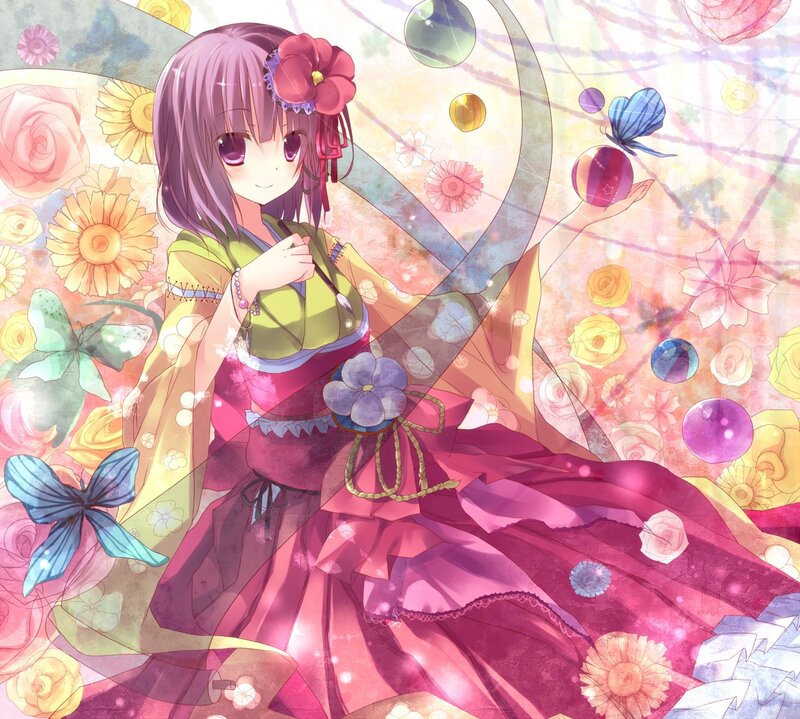 Anime girl with flowers and butterflies