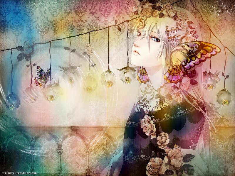 Anime girl with flowers and butterflies