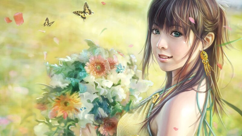 Anime girl with flowers and butterflies