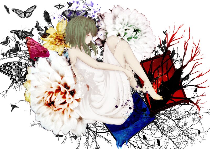 Anime girl with flowers and butterflies