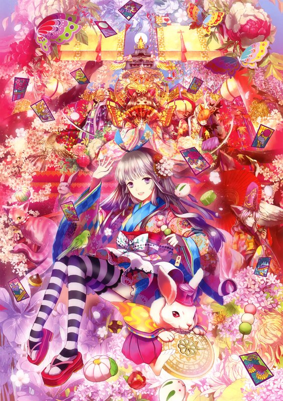 Anime girl with flowers and cards