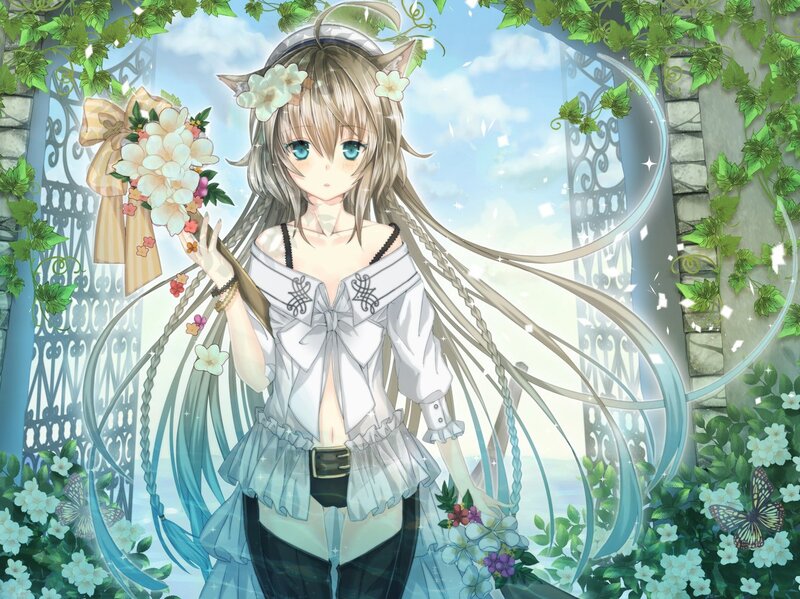 Anime girl with flowers and cat ears