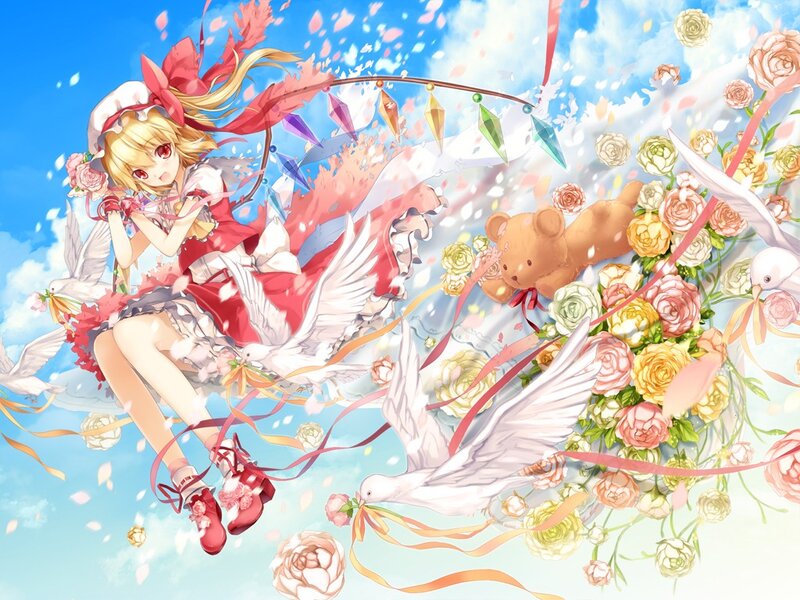Anime girl with flowers and doves