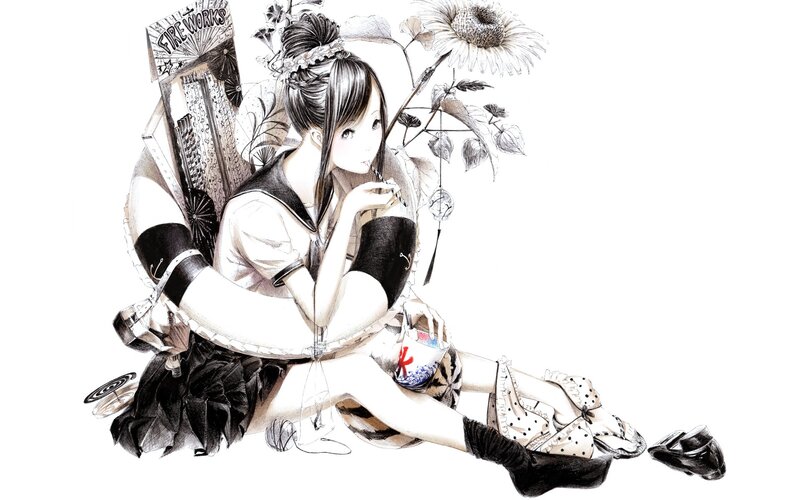 anime girl with flowers and firework sign
