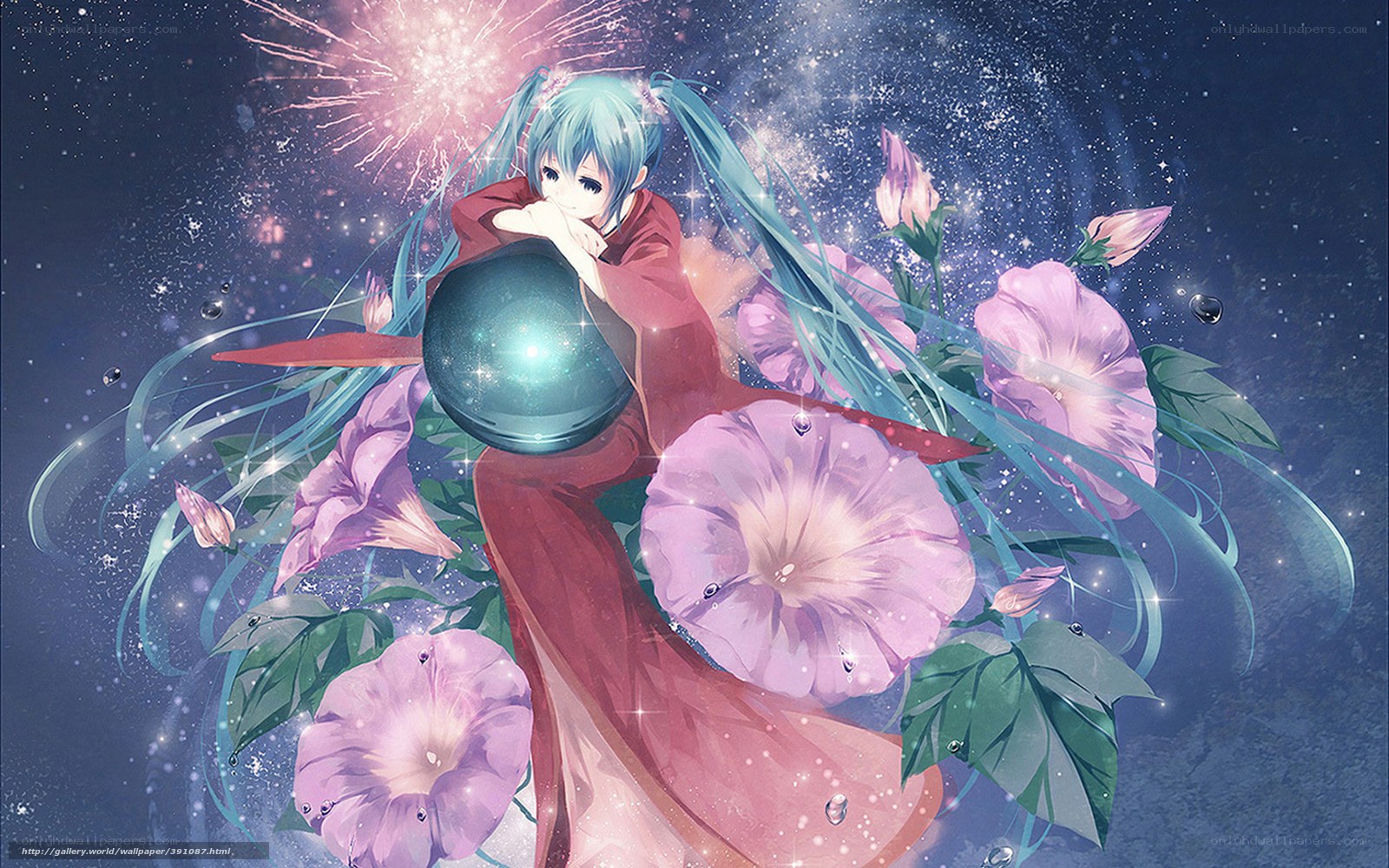 Anime girl with flowers and firework