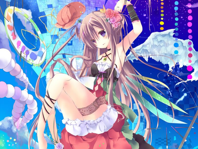 anime girl with flowers and paint