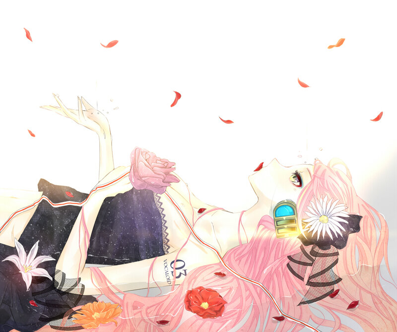 Anime girl with flowers and petals