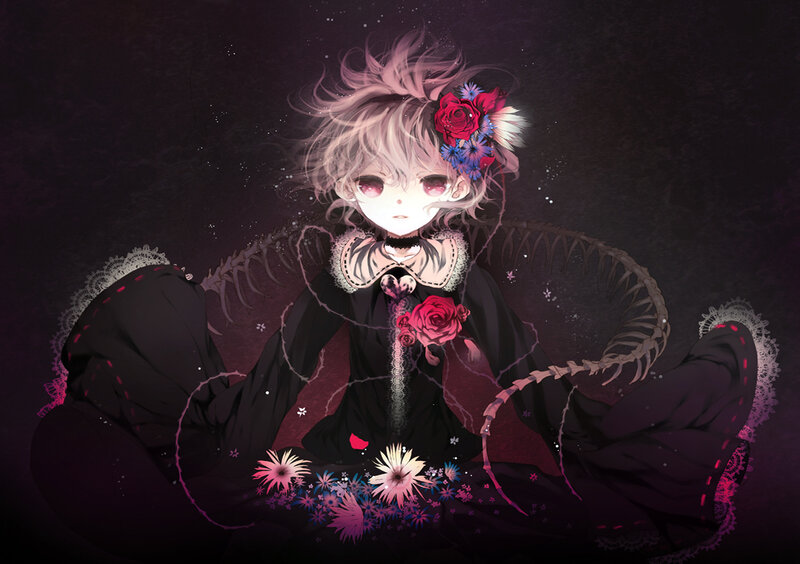 anime girl with flowers and skeleton