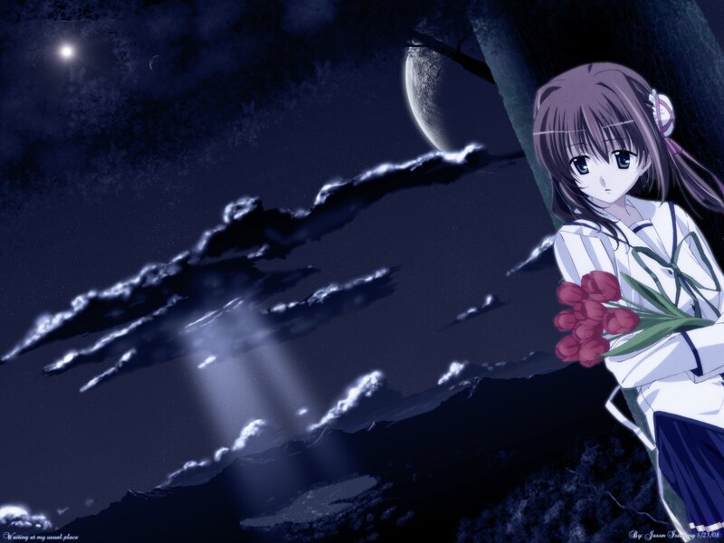 anime girl with flowers at night
