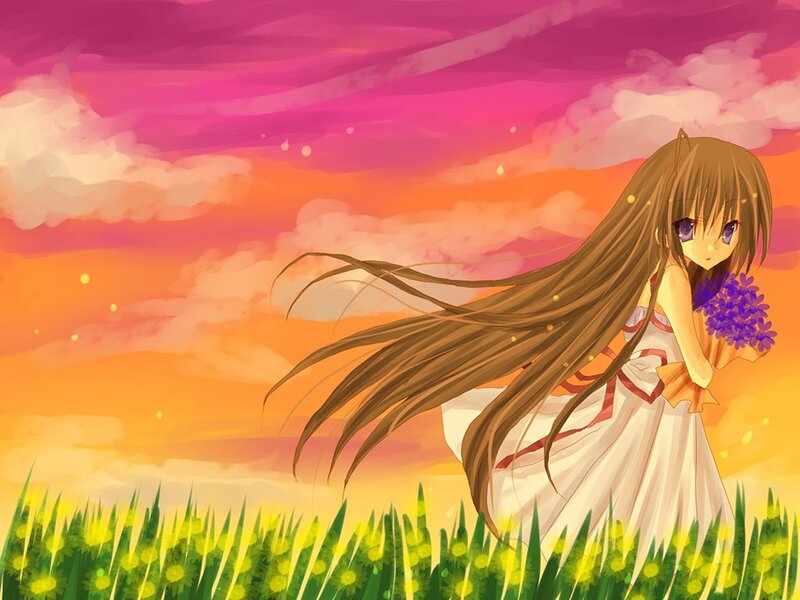 Anime girl with flowers at sunset