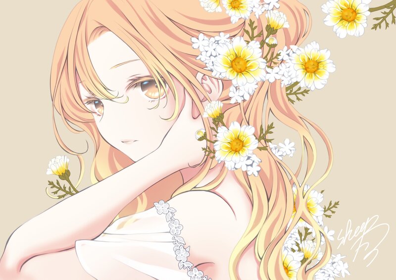 Anime Girl with Flowers — Beige, Serene, Digital Art