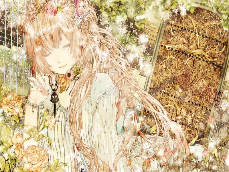 Anime Girl with Flowers — Beige