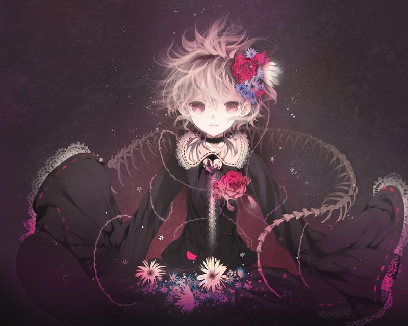 Anime Girl with Flowers — Black, Dark
