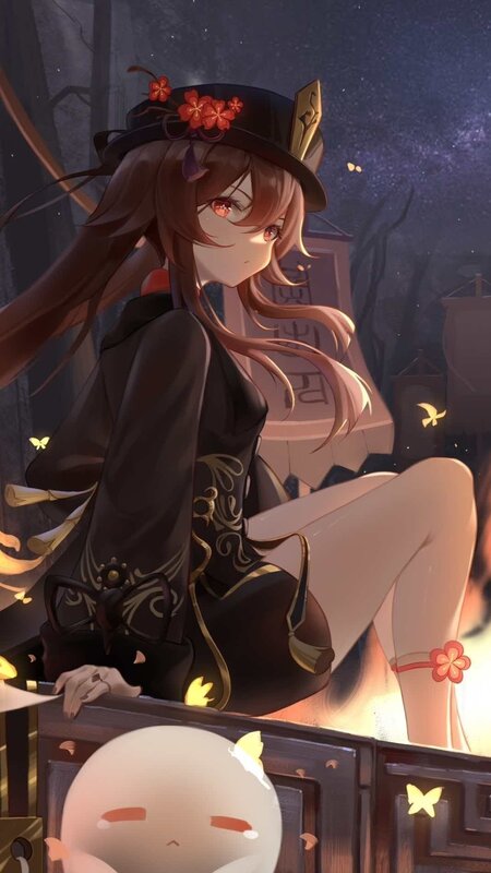 Anime Girl with Flowers — Black, Dramatic, Night, Digital Art, Butterflies